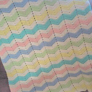 48" X 36" Crochet Chevron Baby Blanket White, Blue, Green, Yellow, Pink